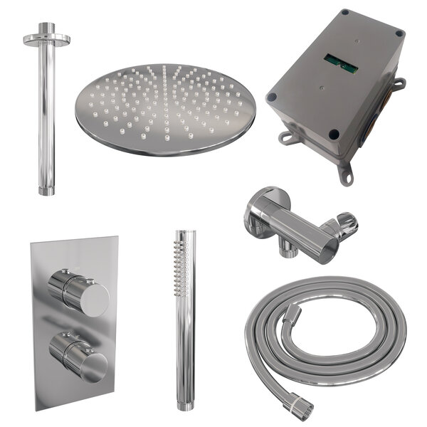 Brauer Brauer Chrome Editon Regendoucheset:  Thermostatische Inbouwkraan met 3-Weg Omstel, Plafondarm, Douchekop 30cm, Wandhouder met Wateruitlaat, Staafhanddouche & Doucheslang - Set 30 - Draaiknoppen - Chroom