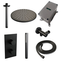 Brauer Brauer Black Editon Regendoucheset:  Thermostatische Inbouwkraan met 3-Weg Omstel, Plafondarm, Douchekop 30cm, Wandhouder met Wateruitlaat, Staafhanddouche & Doucheslang - Set 30 - Draaiknoppen - Mat Zwart