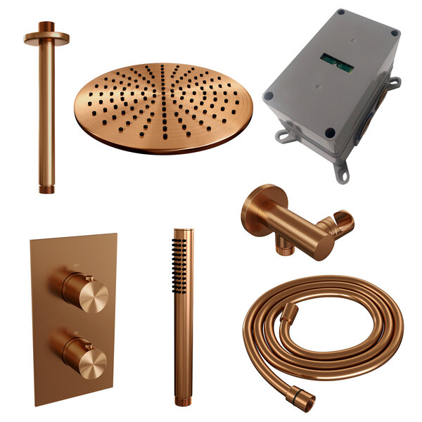 Brauer Brauer Copper Editon Regendoucheset:  Thermostatische Inbouwkraan met 3-Weg Omstel, Plafondarm, Douchekop 30cm, Wandhouder met Wateruitlaat, Staafhanddouche & Doucheslang - Set 30 - Draaiknoppen - PVD - Geborsteld Koper