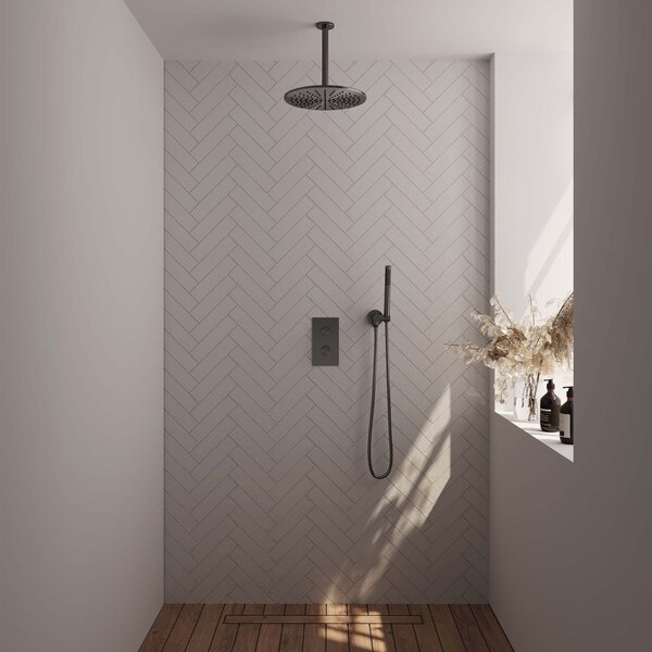 Brauer Brauer Gunmetal Editon Regendoucheset:  Thermostatische Inbouwkraan met 3-Weg Omstel, Plafondarm, Douchekop 30cm, Wandhouder met Wateruitlaat, Staafhanddouche & Doucheslang - Set 30 - Draaiknoppen - PVD - Geborsteld Gunmetal