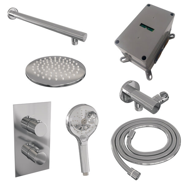 Brauer Brauer Chrome Editon Regendoucheset:  Thermostatische Inbouwkraan met 3-Weg Omstel, Rechte Wandarm, Douchekop 20cm, Wandhouder met Wateruitlaat, 3-Standen Handdouche & Doucheslang - Set 31 - Draaiknoppen - Chroom