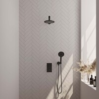 Brauer Brauer Black Editon Regendoucheset:  Thermostatische Inbouwkraan met 3-Weg Omstel, Rechte Wandarm, Douchekop 20cm, Wandhouder met Wateruitlaat, 3-Standen Handdouche & Doucheslang - Set 31 - Draaiknoppen - Mat Zwart