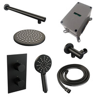 Brauer Brauer Black Editon Regendoucheset:  Thermostatische Inbouwkraan met 3-Weg Omstel, Rechte Wandarm, Douchekop 20cm, Wandhouder met Wateruitlaat, 3-Standen Handdouche & Doucheslang - Set 31 - Draaiknoppen - Mat Zwart