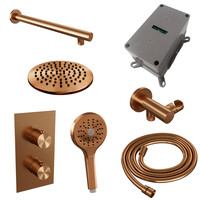 Brauer Brauer Copper Editon Regendoucheset:  Thermostatische Inbouwkraan met 3-Weg Omstel, Rechte Wandarm, Douchekop Ø20cm, Wandhouder met Wateruitlaat, 3-Standen Handdouche & Doucheslang - Set 31 - Draaiknoppen - PVD - Geborsteld Koper