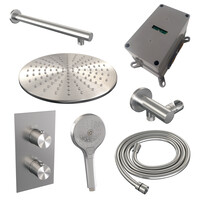 Brauer Brauer Brushed Editon Regendoucheset:  Thermostatische Inbouwkraan met 3-Weg Omstel, Rechte Wandarm, Douchekop 30cm, Wandhouder met Wateruitlaat, 3-Standen Handdouche & Doucheslang - Set 32 - Draaiknoppen - PVD - Geborsteld RVS