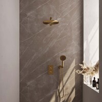 Brauer Brauer Gold Editon Regendoucheset:  Thermostatische Inbouwkraan met 3-Weg Omstel, Rechte Wandarm, Douchekop 30cm, Wandhouder met Wateruitlaat, 3-Standen Handdouche & Doucheslang - Set 32 - Draaiknoppen - PVD - Geborsteld Goud