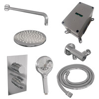 Brauer Brauer Chrome Editon Regendoucheset:  Thermostatische Inbouwkraan met 3-Weg Omstel, Gebogen Wandarm, Douchekop 20cm, Wandhouder met Wateruitlaat, 3-Standen Handdouche & Doucheslang - Set 33 - Draaiknoppen - Chroom