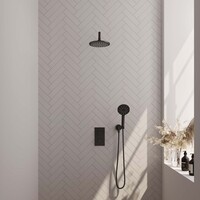 Brauer Brauer Black Editon Regendoucheset:  Thermostatische Inbouwkraan met 3-Weg Omstel, Gebogen Wandarm, Douchekop 20cm, Wandhouder met Wateruitlaat, 3-Standen Handdouche & Doucheslang - Set 33 - Draaiknoppen - Mat Zwart