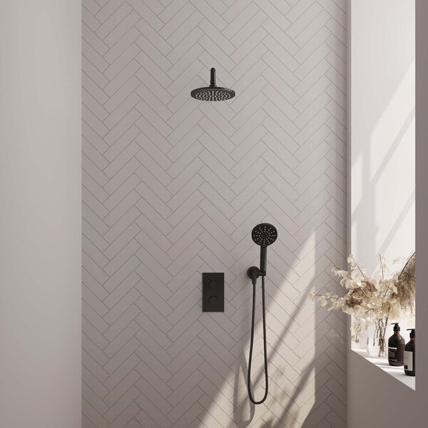 Brauer Brauer Black Editon Regendoucheset:  Thermostatische Inbouwkraan met 3-Weg Omstel, Gebogen Wandarm, Douchekop 20cm, Wandhouder met Wateruitlaat, 3-Standen Handdouche & Doucheslang - Set 33 - Draaiknoppen - Mat Zwart