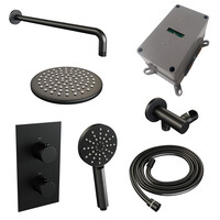 Brauer Brauer Black Editon Regendoucheset:  Thermostatische Inbouwkraan met 3-Weg Omstel, Gebogen Wandarm, Douchekop 20cm, Wandhouder met Wateruitlaat, 3-Standen Handdouche & Doucheslang - Set 33 - Draaiknoppen - Mat Zwart