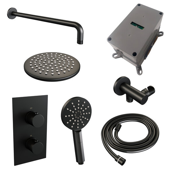 Brauer Brauer Black Editon Regendoucheset:  Thermostatische Inbouwkraan met 3-Weg Omstel, Gebogen Wandarm, Douchekop 20cm, Wandhouder met Wateruitlaat, 3-Standen Handdouche & Doucheslang - Set 33 - Draaiknoppen - Mat Zwart