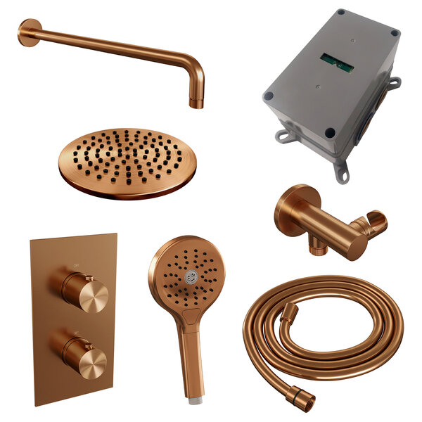 Brauer Brauer Copper Editon Regendoucheset:  Thermostatische Inbouwkraan met 3-Weg Omstel, Gebogen Wandarm, Douchekop 20cm, Wandhouder met Wateruitlaat, 3-Standen Handdouche & Doucheslang - Set 33 - Draaiknoppen - PVD - Geborsteld Koper