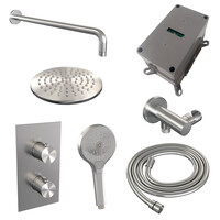 Brauer Brauer Brushed Editon Regendoucheset:  Thermostatische Inbouwkraan met 3-Weg Omstel, Gebogen Wandarm, Douchekop Ø20cm, Wandhouder met Wateruitlaat, 3-Standen Handdouche & Doucheslang - Set 33 - Draaiknoppen - PVD - Geborsteld RVS