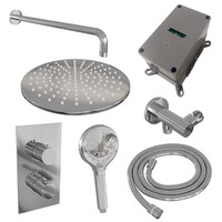 Brauer Brauer Chrome Editon Regendoucheset:  Thermostatische Inbouwkraan met 3-Weg Omstel, Gebogen Wandarm, Douchekop 30cm, Wandhouder met Wateruitlaat, 3-Standen Handdouche & Doucheslang - Set 34 - Draaiknoppen - Chroom