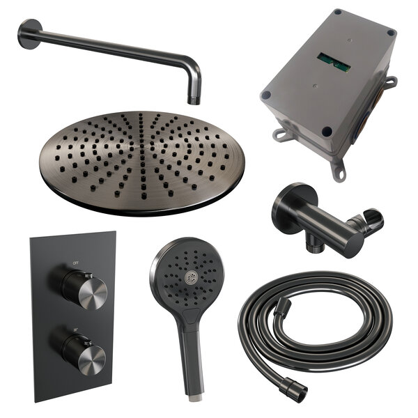 Brauer Brauer Gunmetal Editon Regendoucheset:  Thermostatische Inbouwkraan met 3-Weg Omstel, Gebogen Wandarm, Douchekop Ø30cm, Wandhouder met Wateruitlaat, 3-Standen Handdouche & Doucheslang - Set 34 - Draaiknoppen - PVD - Geborsteld Gunmetal