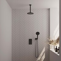 Brauer Brauer Black Editon Regendoucheset:  Thermostatische Inbouwkraan met 3-Weg Omstel, Plafondarm, Douchekop 20cm, Wandhouder met Wateruitlaat, 3-Standen Handdouche & Doucheslang - Set 35 - Draaiknoppen - Mat Zwart