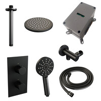 Brauer Brauer Black Editon Regendoucheset:  Thermostatische Inbouwkraan met 3-Weg Omstel, Plafondarm, Douchekop 20cm, Wandhouder met Wateruitlaat, 3-Standen Handdouche & Doucheslang - Set 35 - Draaiknoppen - Mat Zwart