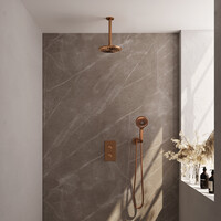 Brauer Brauer Copper Editon Regendoucheset:  Thermostatische Inbouwkraan met 3-Weg Omstel, Plafondarm, Douchekop 20cm, Wandhouder met Wateruitlaat, 3-Standen Handdouche & Doucheslang - Set 35 - Draaiknoppen - PVD - Geborsteld Koper