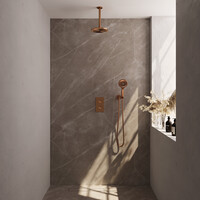 Brauer Brauer Copper Editon Regendoucheset:  Thermostatische Inbouwkraan met 3-Weg Omstel, Plafondarm, Douchekop 20cm, Wandhouder met Wateruitlaat, 3-Standen Handdouche & Doucheslang - Set 35 - Draaiknoppen - PVD - Geborsteld Koper