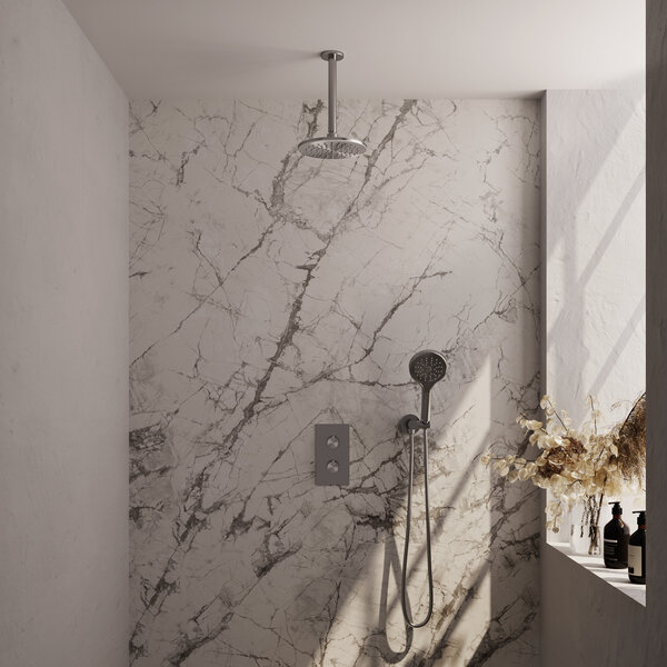 Brauer Brauer Brushed Editon Regendoucheset:  Thermostatische Inbouwkraan met 3-Weg Omstel, Plafondarm, Douchekop 20cm, Wandhouder met Wateruitlaat, 3-Standen Handdouche & Doucheslang - Set 35 - Draaiknoppen - PVD - Geborsteld RVS