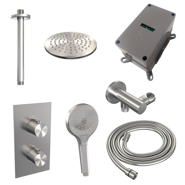 Brauer Brauer Brushed Editon Regendoucheset:  Thermostatische Inbouwkraan met 3-Weg Omstel, Plafondarm, Douchekop Ø20cm, Wandhouder met Wateruitlaat, 3-Standen Handdouche & Doucheslang - Set 35 - Draaiknoppen - PVD - Geborsteld RVS