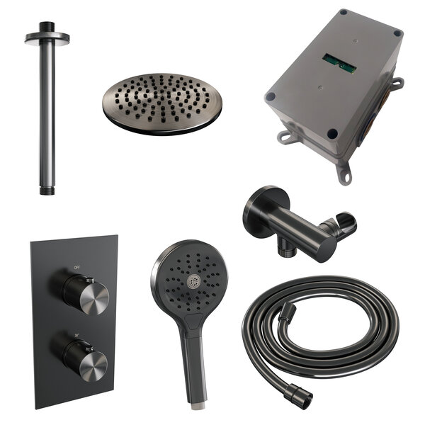 Brauer Brauer Gunmetal Editon Regendoucheset:  Thermostatische Inbouwkraan met 3-Weg Omstel, Plafondarm, Douchekop Ø20cm, Wandhouder met Wateruitlaat, 3-Standen Handdouche & Doucheslang - Set 35 - Draaiknoppen - PVD - Geborsteld Gunmetal