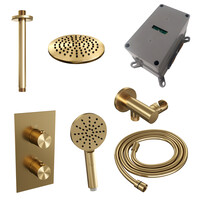 Brauer Brauer Gold Editon Regendoucheset:  Thermostatische Inbouwkraan met 3-Weg Omstel, Plafondarm, Douchekop Ø20cm, Wandhouder met Wateruitlaat, 3-Standen Handdouche & Doucheslang - Set 35 - Draaiknoppen - PVD - Geborsteld Goud