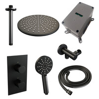 Brauer Brauer Black Editon Regendoucheset:  Thermostatische Inbouwkraan met 3-Weg Omstel, Plafondarm, Douchekop 30cm, Wandhouder met Wateruitlaat, 3-Standen Handdouche & Doucheslang - Set 36 - Draaiknoppen - Mat Zwart