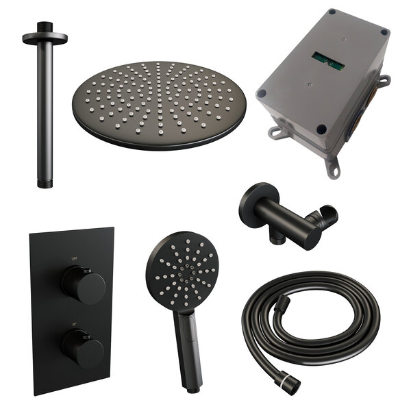 Brauer Brauer Black Editon Regendoucheset:  Thermostatische Inbouwkraan met 3-Weg Omstel, Plafondarm, Douchekop 30cm, Wandhouder met Wateruitlaat, 3-Standen Handdouche & Doucheslang - Set 36 - Draaiknoppen - Mat Zwart