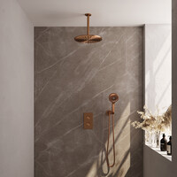 Brauer Brauer Copper Editon Regendoucheset:  Thermostatische Inbouwkraan met 3-Weg Omstel, Plafondarm, Douchekop 30cm, Wandhouder met Wateruitlaat, 3-Standen Handdouche & Doucheslang - Set 36 - Draaiknoppen - PVD - Geborsteld Koper
