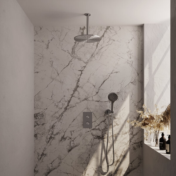 Brauer Brauer Brushed Editon Regendoucheset:  Thermostatische Inbouwkraan met 3-Weg Omstel, Plafondarm, Douchekop 30cm, Wandhouder met Wateruitlaat, 3-Standen Handdouche & Doucheslang - Set 36 - Draaiknoppen - PVD - Geborsteld RVS