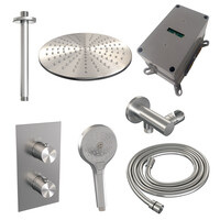 Brauer Brauer Brushed Editon Regendoucheset:  Thermostatische Inbouwkraan met 3-Weg Omstel, Plafondarm, Douchekop 30cm, Wandhouder met Wateruitlaat, 3-Standen Handdouche & Doucheslang - Set 36 - Draaiknoppen - PVD - Geborsteld RVS