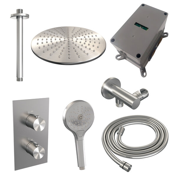 Brauer Brauer Brushed Editon Regendoucheset:  Thermostatische Inbouwkraan met 3-Weg Omstel, Plafondarm, Douchekop Ø30cm, Wandhouder met Wateruitlaat, 3-Standen Handdouche & Doucheslang - Set 36 - Draaiknoppen - PVD - Geborsteld RVS