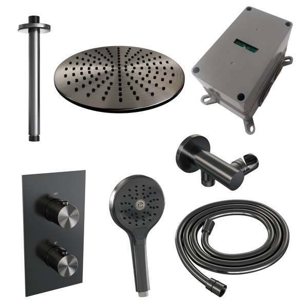 Brauer Brauer Gunmetal Editon Regendoucheset:  Thermostatische Inbouwkraan met 3-Weg Omstel, Plafondarm, Douchekop 30cm, Wandhouder met Wateruitlaat, 3-Standen Handdouche & Doucheslang - Set 36 - Draaiknoppen - PVD - Geborsteld Gunmetal
