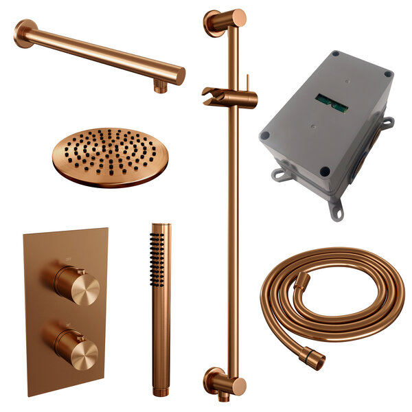 Brauer Brauer Copper Editon Regendoucheset:  Thermostatische Inbouwkraan met 3-Weg Omstel, Rechte Wandarm, Douchekop Ø20cm, Glijstang met Wateruitlaat, Staafhanddouche & Doucheslang - Set 37 - Draaiknoppen - PVD - Geborsteld Koper