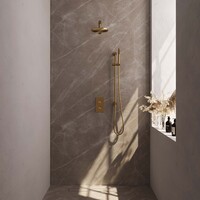 Brauer Brauer Gold Editon Regendoucheset:  Thermostatische Inbouwkraan met 3-Weg Omstel, Rechte Wandarm, Douchekop 20cm, Glijstang met Wateruitlaat, Staafhanddouche & Doucheslang - Set 37 - Draaiknoppen - PVD - Geborsteld Goud
