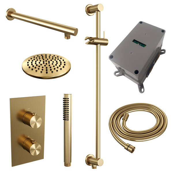 Brauer Brauer Gold Editon Regendoucheset:  Thermostatische Inbouwkraan met 3-Weg Omstel, Rechte Wandarm, Douchekop 20cm, Glijstang met Wateruitlaat, Staafhanddouche & Doucheslang - Set 37 - Draaiknoppen - PVD - Geborsteld Goud