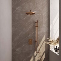 Brauer Brauer Copper Editon Regendoucheset:  Thermostatische Inbouwkraan met 3-Weg Omstel, Rechte Wandarm, Douchekop 30cm, Glijstang met Wateruitlaat, Staafhanddouche & Doucheslang - Set 38 - Draaiknoppen - PVD - Geborsteld Koper
