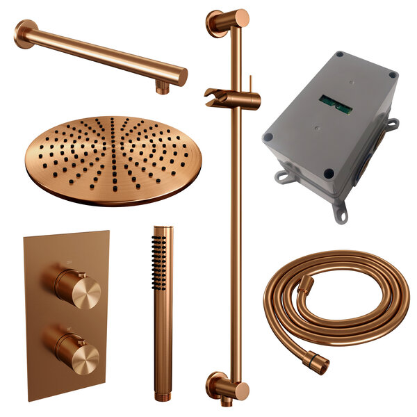 Brauer Brauer Copper Editon Regendoucheset:  Thermostatische Inbouwkraan met 3-Weg Omstel, Rechte Wandarm, Douchekop Ø30cm, Glijstang met Wateruitlaat, Staafhanddouche & Doucheslang - Set 38 - Draaiknoppen - PVD - Geborsteld Koper