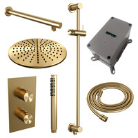 Brauer Brauer Gold Editon Regendoucheset:  Thermostatische Inbouwkraan met 3-Weg Omstel, Rechte Wandarm, Douchekop 30cm, Glijstang met Wateruitlaat, Staafhanddouche & Doucheslang - Set 38 - Draaiknoppen - PVD - Geborsteld Goud