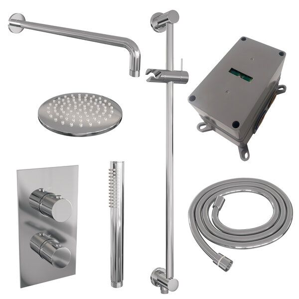 Brauer Brauer Chrome Editon Regendoucheset:  Thermostatische Inbouwkraan met 3-Weg Omstel, Gebogen Wandarm, Douchekop 20cm, Glijstang met Wateruitlaat, Staafhanddouche & Doucheslang - Set 39 - Draaiknoppen - Chroom