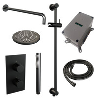 Brauer Brauer Black Editon Regendoucheset:  Thermostatische Inbouwkraan met 3-Weg Omstel, Gebogen Wandarm, Douchekop 20cm, Glijstang met Wateruitlaat, Staafhanddouche & Doucheslang - Set 39 - Draaiknoppen - Mat Zwart