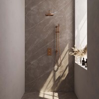 Brauer Brauer Copper Editon Regendoucheset:  Thermostatische Inbouwkraan met 3-Weg Omstel, Gebogen Wandarm, Douchekop 20cm, Glijstang met Wateruitlaat, Staafhanddouche & Doucheslang - Set 39 - Draaiknoppen - PVD - Geborsteld Koper