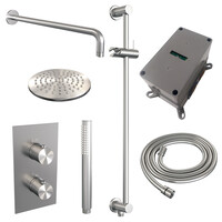Brauer Brauer Brushed Editon Regendoucheset:  Thermostatische Inbouwkraan met 3-Weg Omstel, Gebogen Wandarm, Douchekop 20cm, Glijstang met Wateruitlaat, Staafhanddouche & Doucheslang - Set 39 - Draaiknoppen - PVD - Geborsteld RVS
