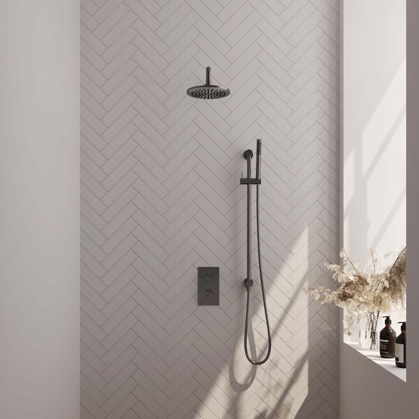 Brauer Brauer Gunmetal Editon Regendoucheset:  Thermostatische Inbouwkraan met 3-Weg Omstel, Gebogen Wandarm, Douchekop 20cm, Glijstang met Wateruitlaat, Staafhanddouche & Doucheslang - Set 39 - Draaiknoppen - PVD - Geborsteld Gunmetal