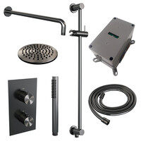 Brauer Brauer Gunmetal Editon Regendoucheset:  Thermostatische Inbouwkraan met 3-Weg Omstel, Gebogen Wandarm, Douchekop 20cm, Glijstang met Wateruitlaat, Staafhanddouche & Doucheslang - Set 39 - Draaiknoppen - PVD - Geborsteld Gunmetal