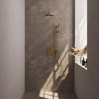 Brauer Brauer Gold Editon Regendoucheset:  Thermostatische Inbouwkraan met 3-Weg Omstel, Gebogen Wandarm, Douchekop 20cm, Glijstang met Wateruitlaat, Staafhanddouche & Doucheslang - Set 39 - Draaiknoppen - PVD - Geborsteld Goud