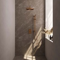 Brauer Brauer Copper Editon Regendoucheset:  Thermostatische Inbouwkraan met 3-Weg Omstel, Gebogen Wandarm, Douchekop 30cm, Glijstang met Wateruitlaat, Staafhanddouche & Doucheslang - Set 40 - Draaiknoppen - PVD - Geborsteld Koper