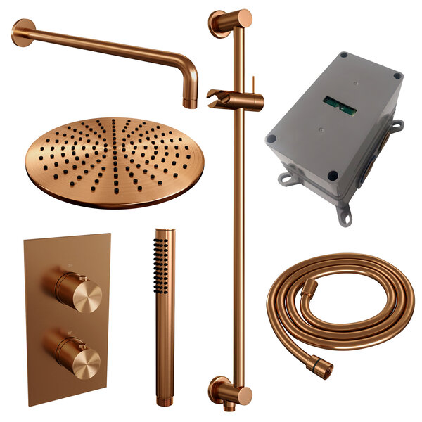 Brauer Brauer Copper Editon Regendoucheset:  Thermostatische Inbouwkraan met 3-Weg Omstel, Gebogen Wandarm, Douchekop Ø30cm, Glijstang met Wateruitlaat, Staafhanddouche & Doucheslang - Set 40 - Draaiknoppen - PVD - Geborsteld Koper