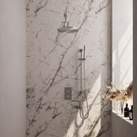 Brauer Brauer Brushed Editon Regendoucheset:  Thermostatische Inbouwkraan met 3-Weg Omstel, Gebogen Wandarm, Douchekop 30cm, Glijstang met Wateruitlaat, Staafhanddouche & Doucheslang - Set 40 - Draaiknoppen - PVD - Geborsteld RVS